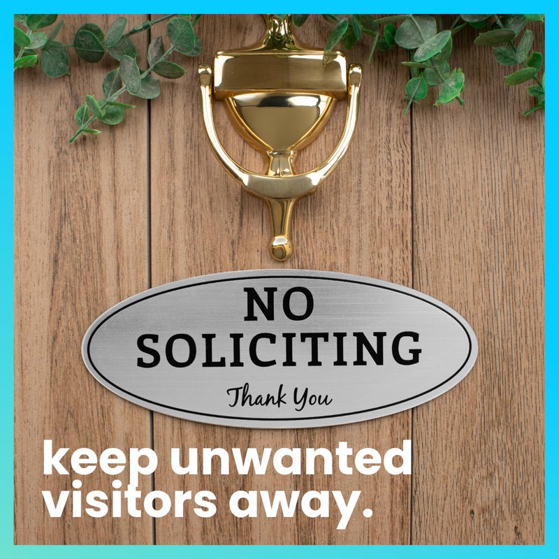 ExcelMark No Soliciting Sign for House or Business â€“ Durable Indoor/Outdoor Sign â€“ Easily Attach to Front Door - UV and Weather Resistant (Large - 3.6"x 9", Brushed Silver with Black Letters) - Image 2